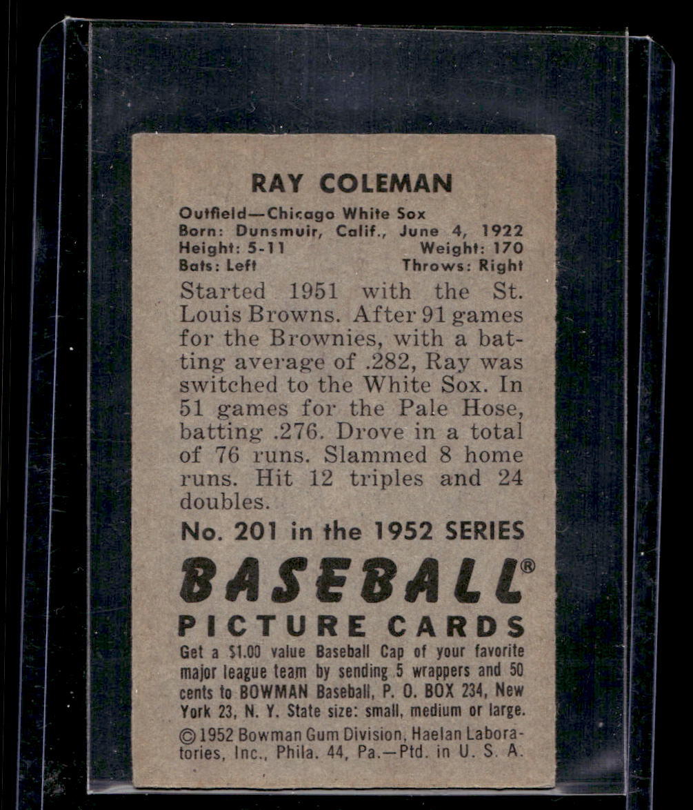 1952 Bowman #201 Ray Coleman - VG-EX