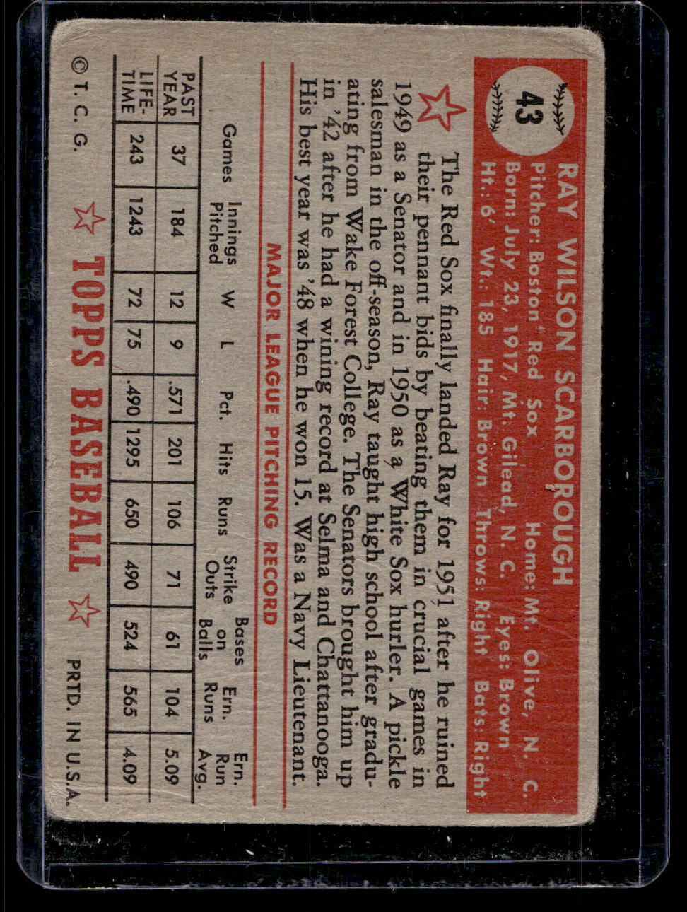 1952 Topps #43 Ray Scarborough - GOOD