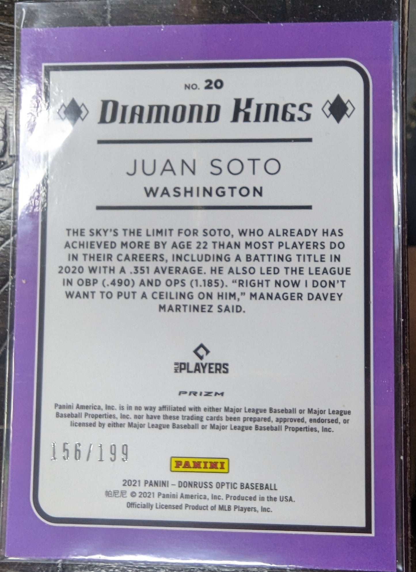 2021 Donruss Optic Red White and Blue #20 Juan Soto DK /199 - MINT