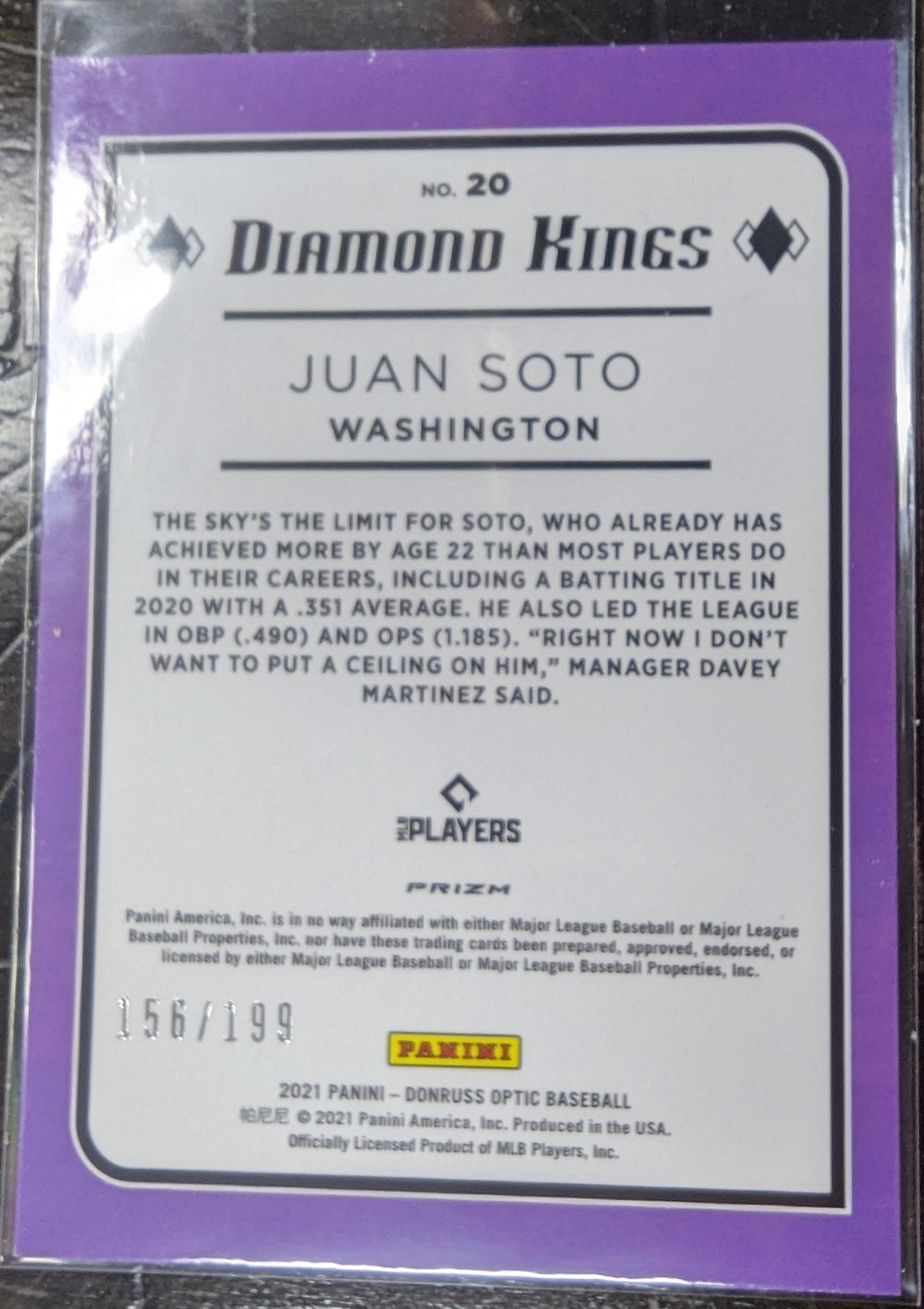 2021 Donruss Optic Red White and Blue #20 Juan Soto DK /199 - MINT