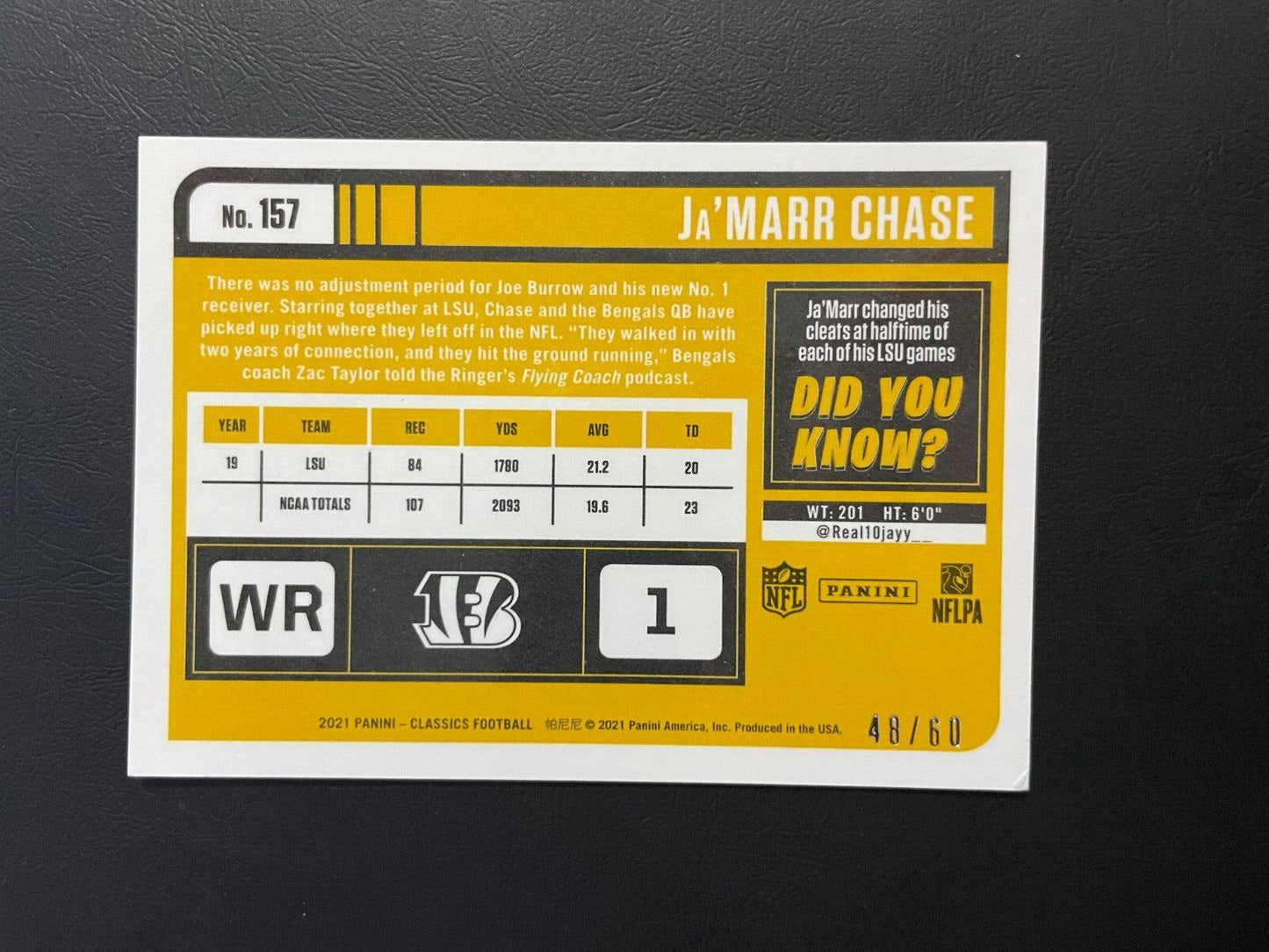 2021 Panini Classics Ja'Marr Chase Gold RC /60 Bengals #157