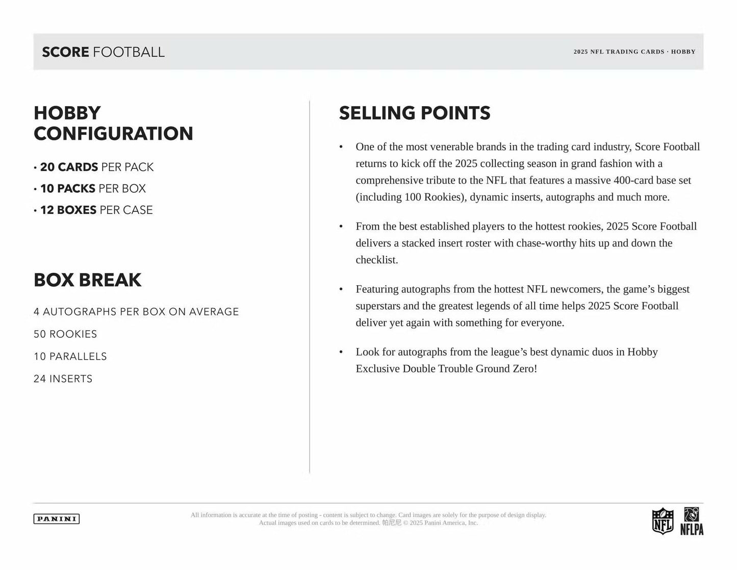 2025 Panini Score Football Hobby Trading Card Box (Four Autographs Per Hobby Box)