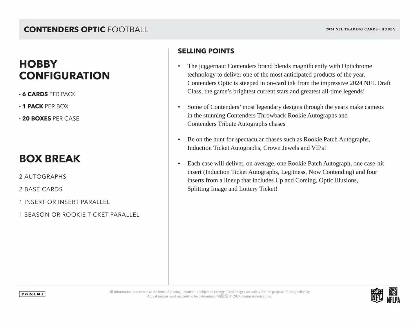 2024 Panini Contenders Optic Football Hobby Trading Card Box (Two Autographs Per Box)