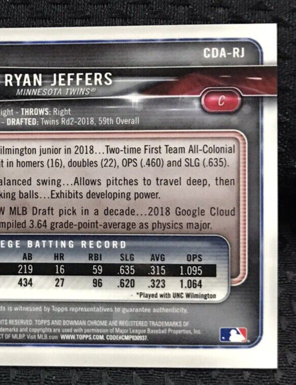 2018 Bowman Chrome Draft Autograph Purple Refractor CDARJ Ryan Jeffers Auto /250