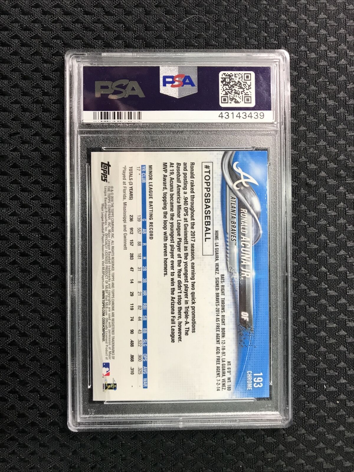 2018 Topps Chrome Ronald Acuna Jr Rookie RC #193 PSA 10 - Atlanta Braves
