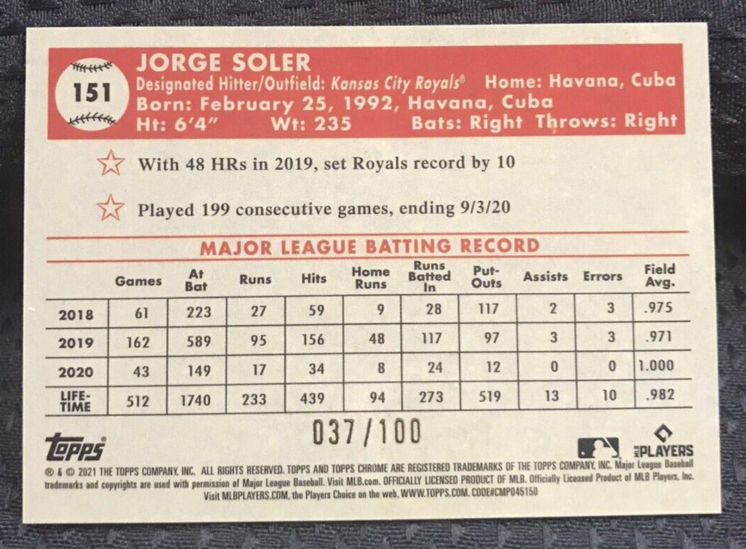 2021 Topps Chrome Platinum Anniversary Jorge Soler Red Atomic #’d /100