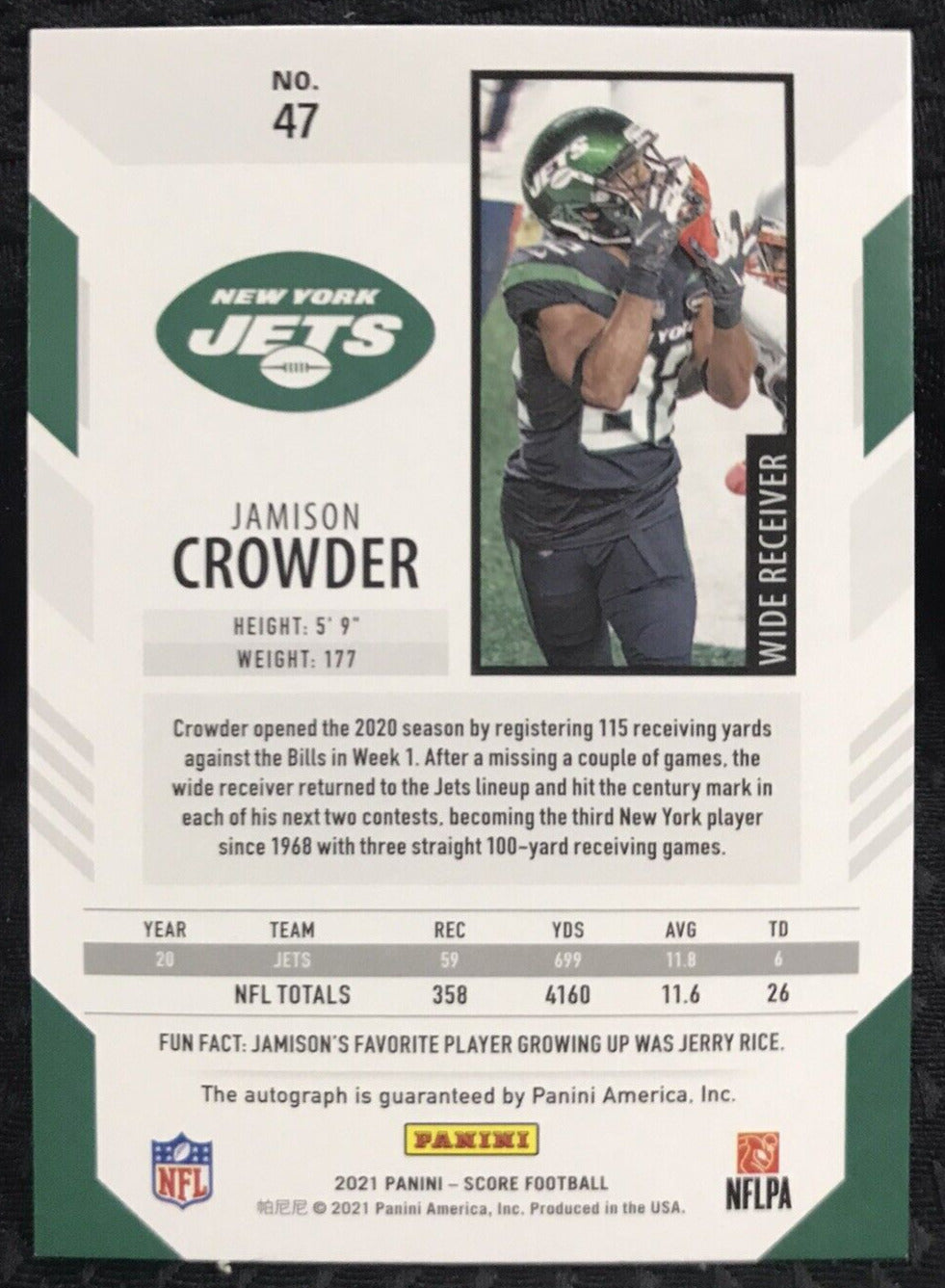 2021 Panini Score Jamison Crowder Auto Autograph New York Jets