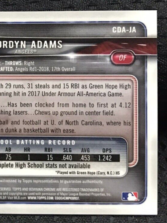 2018 Bowman Draft Chrome Jordyn Adams Auto #CDA-JA Angels 1st Prospect Autogrpah