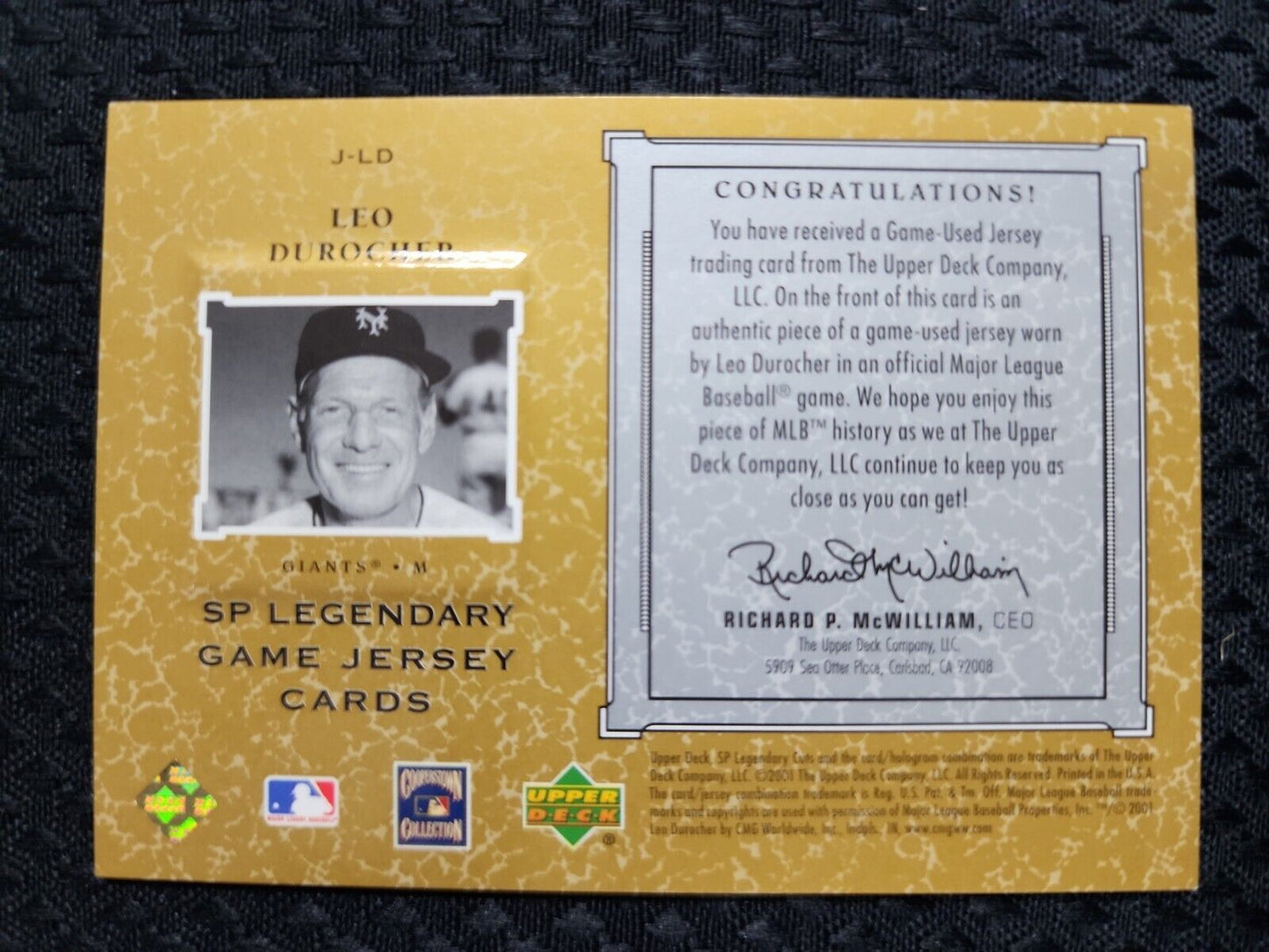 2001 SP Legendary Cuts - LEO DUROCHER - Game Used Jersey - NEW YORK GIANTS