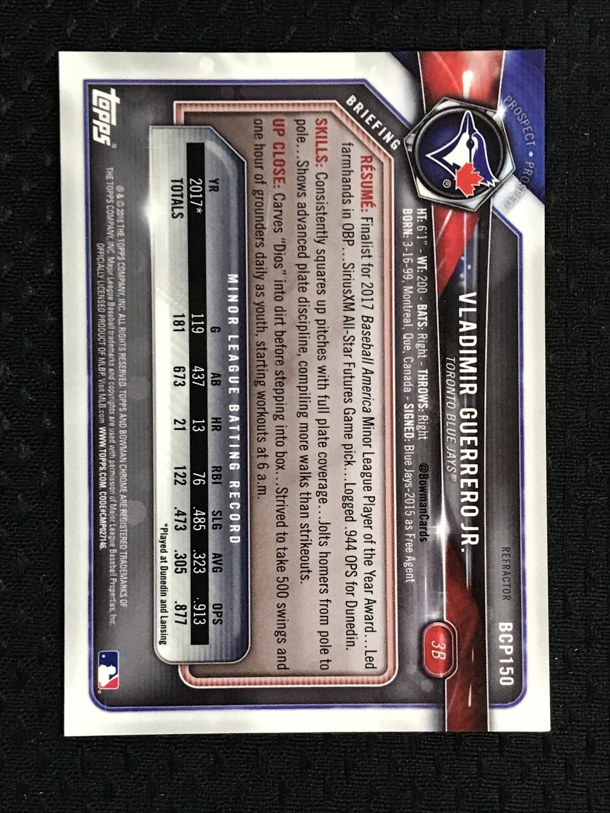 2018 Vladimir Guerrero Jr Bowman Chrome Prospects Refractor /499 #BCP150 **