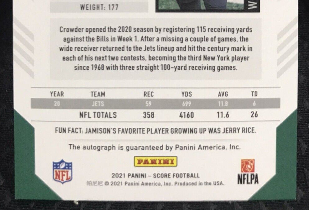 2021 Panini Score Jamison Crowder Auto Autograph New York Jets