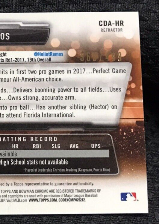 2017 Bowman Chrome Draft Refractor Autograph Heliot Ramos #/499 CDA-HR Giants RC