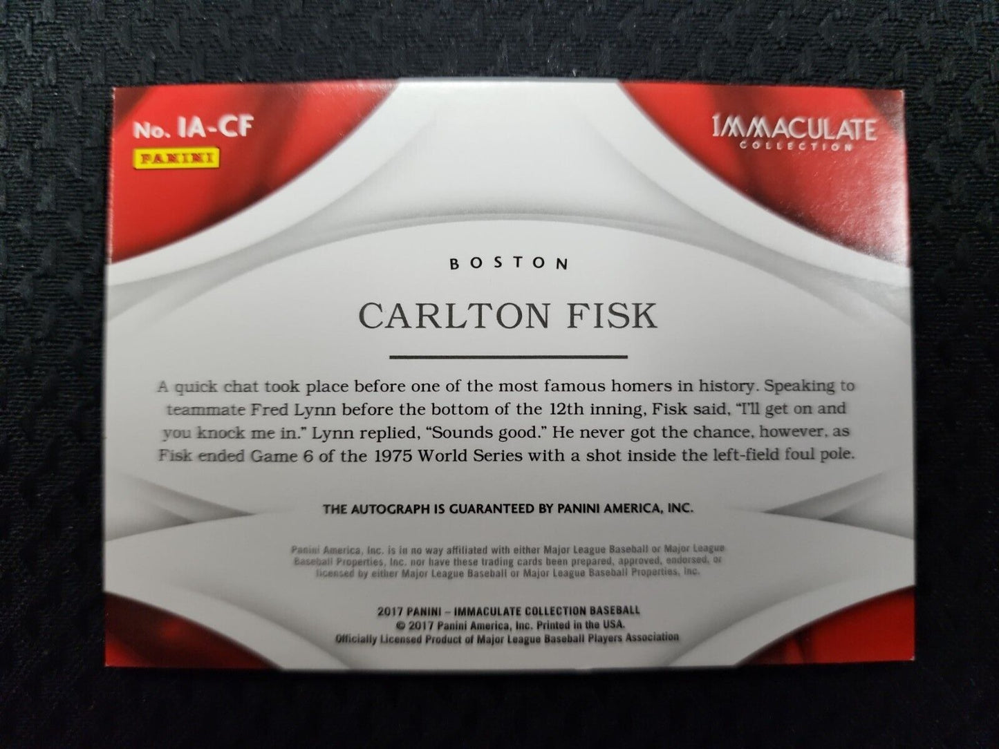 2017 Panini Immaculate Auto Carlton Fisk #d/25 Boston Redsox