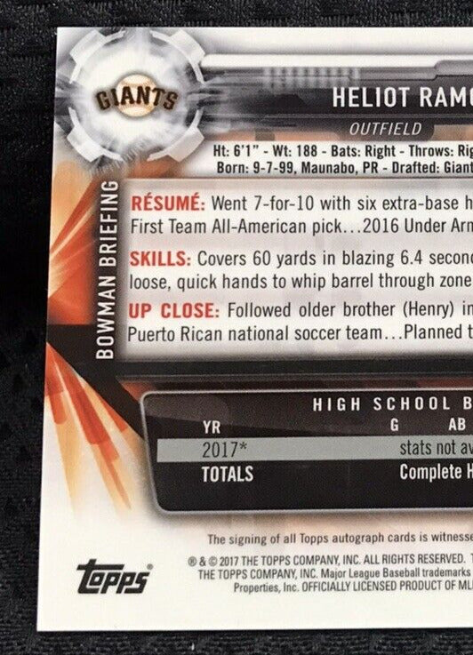 2017 Bowman Chrome Draft Refractor Autograph Heliot Ramos #/499 CDA-HR Giants RC