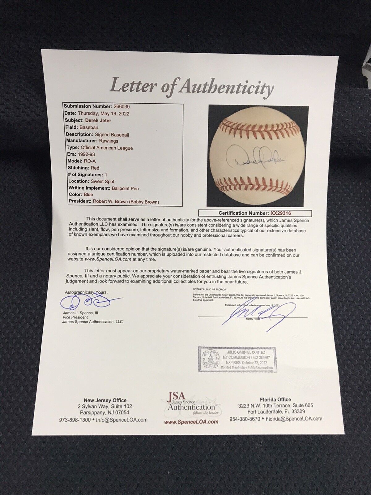 Derek Jeter Signed Rawlings Baseball JSA COA LOA Official League Baseball