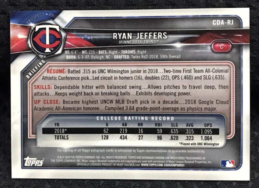 2018 Bowman Chrome Draft Autograph Purple Refractor CDARJ Ryan Jeffers Auto /250