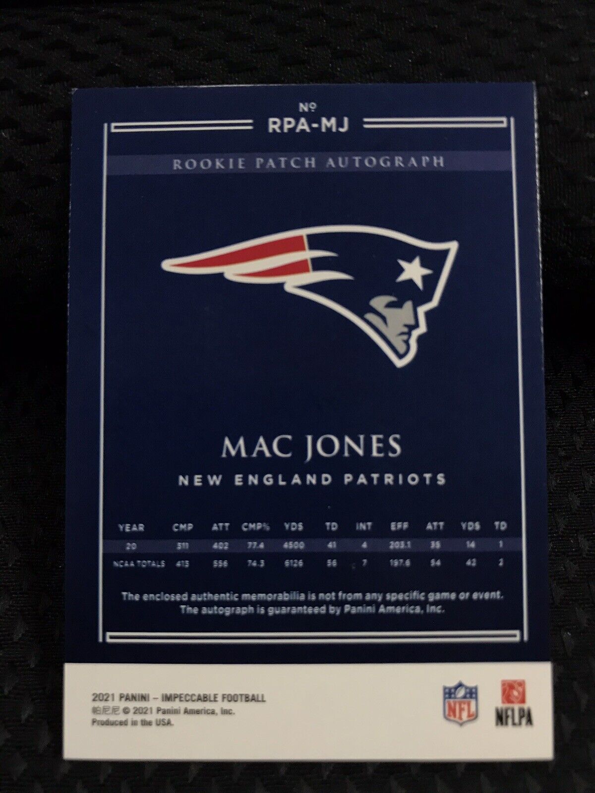 2021 Panini Impeccable Mac Jones RC 3 Color Patch Auto RPA #’d 26/49! PATS SP🔥