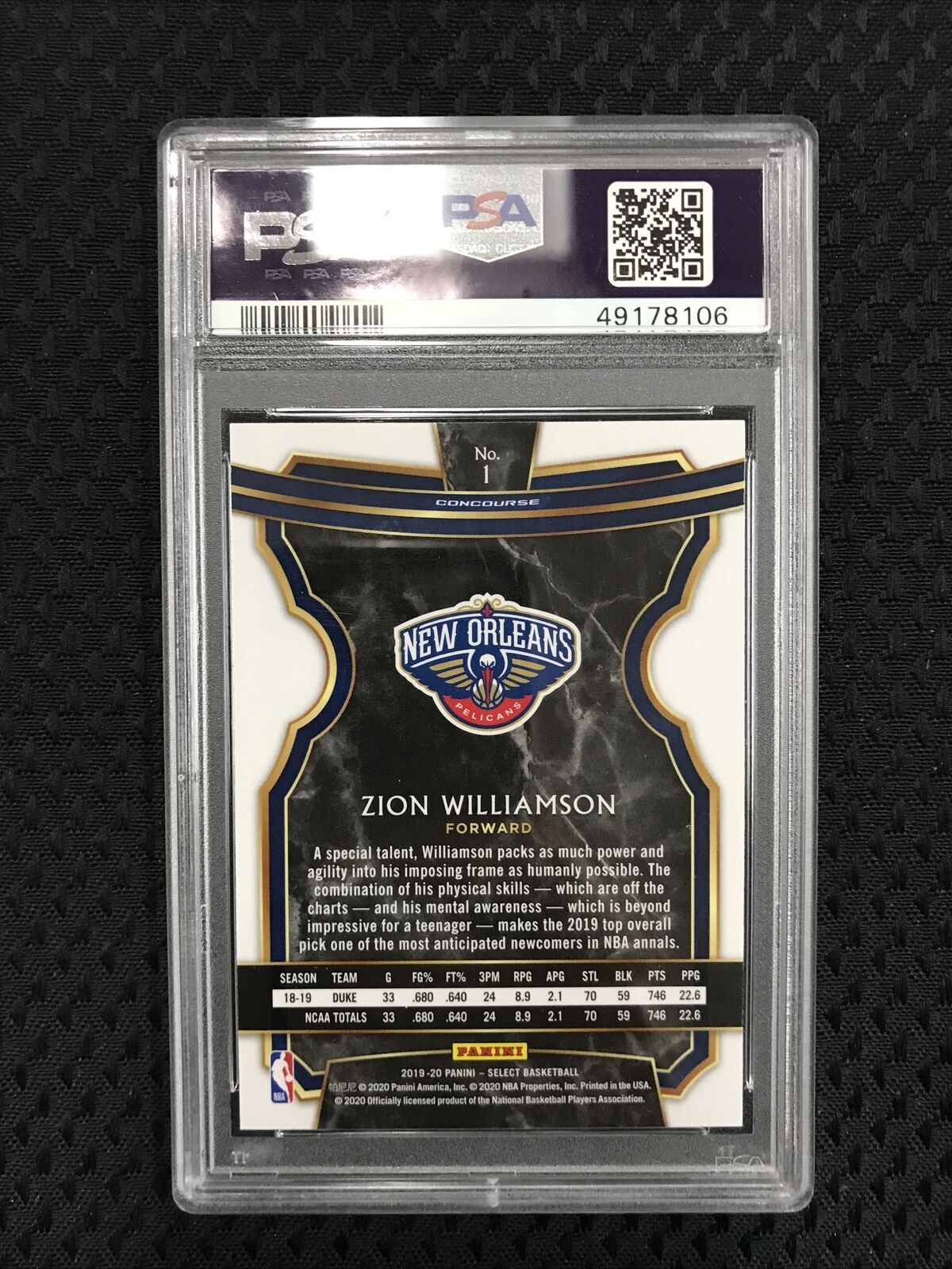 ZION WILLIAMSON 2019 20 PANINI SELECT CONCOURSE #1 RC ROOKIE PSA 8 PELICANS