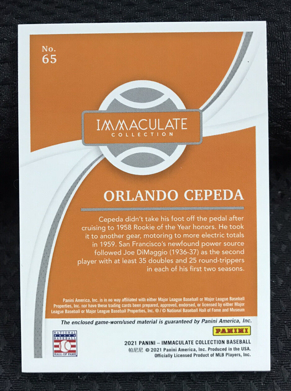 2021 Panini Immaculate Relics Blue 1/10 Orlando Cepeda #65 Game-Worn HOF GIANTS