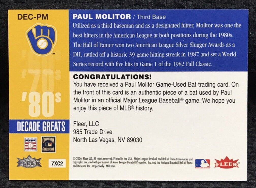 2006 Fleer Greats of the Game PAUL MOLITOR BAT Relic #DEC-PM Decade Greats 80’s
