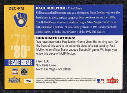2006 Fleer Greats of the Game PAUL MOLITOR BAT Relic #DEC-PM Decade Greats 80’s