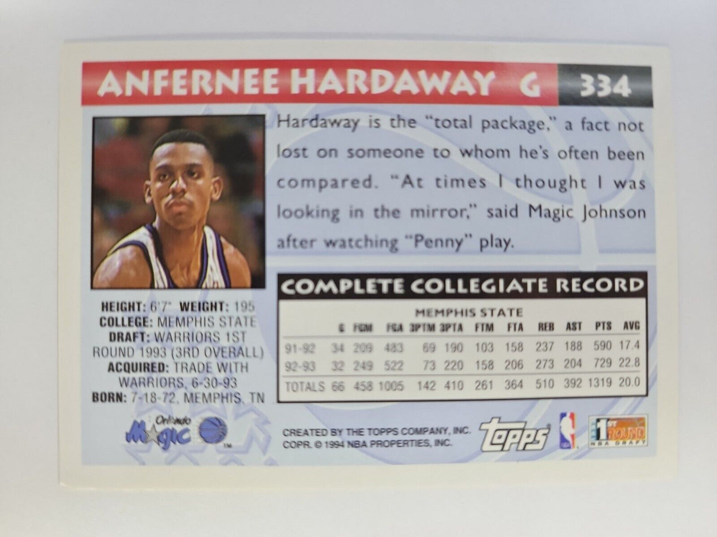 Anfernee Hardaway 1993-94 Topps Gold 334 Rc
