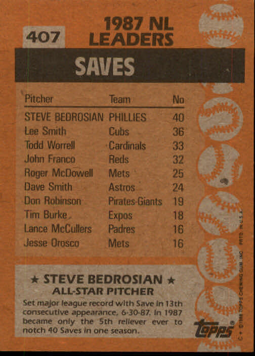 1988 Topps #407 Steve Bedrosian AS - NrMt+