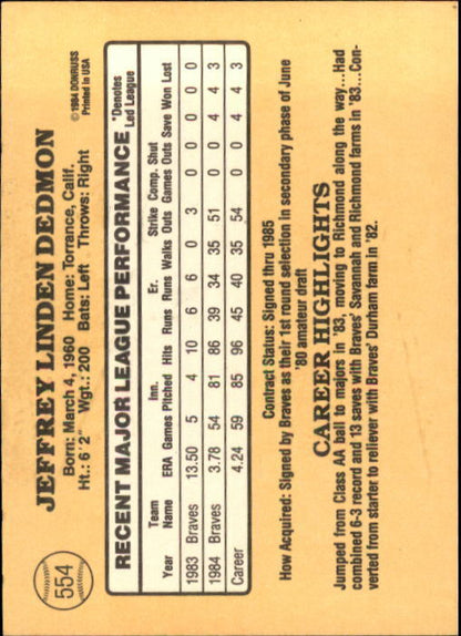 1985 Donruss #554 Jeff Dedmon - NM