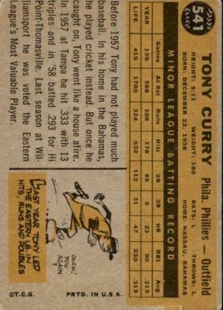 1960 Topps #541 Tony Curry RC - Ex+