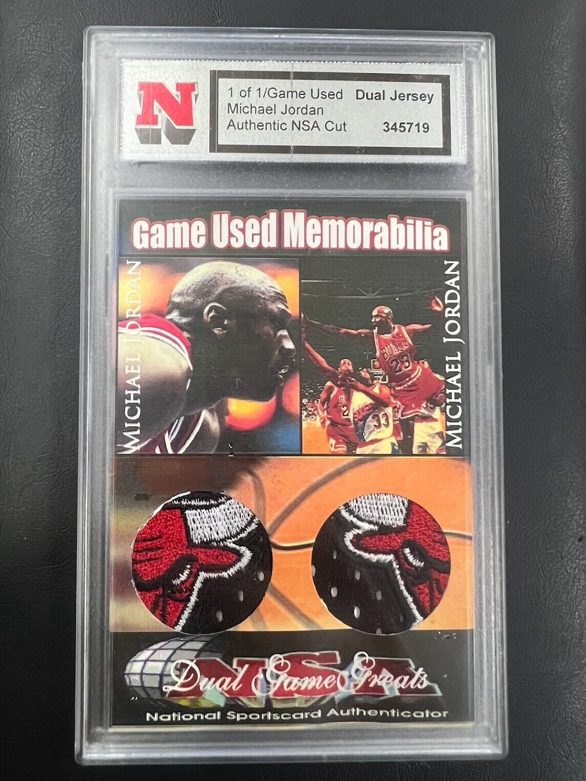 Michael Jordan Dual Bull Patch Jersey Card Game Used 1/1 NSA 3 Color J