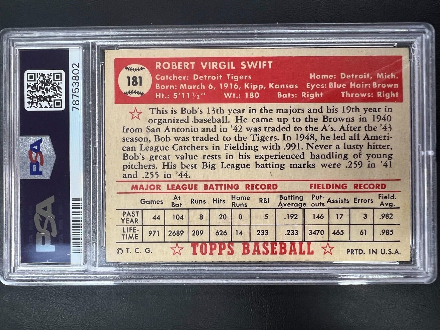 1952 Topps Baseball #181 Bob Swift PSA 4.5 VG-EX+ Detroit Tigers J