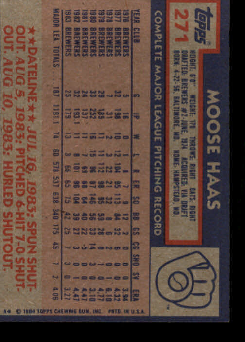 1984 Topps #271 Moose Haas - NM
