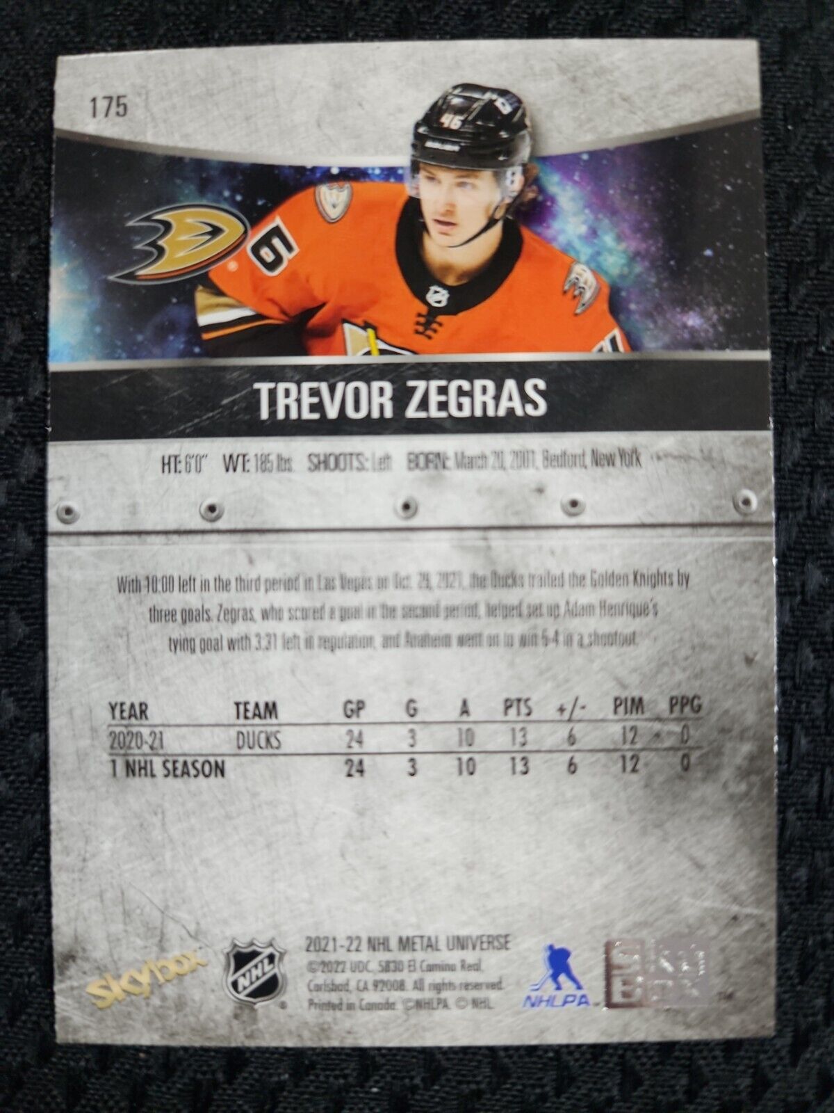 2021-2022 Skybox Metal Universe Hockey Trevor Zegras # 175 RC