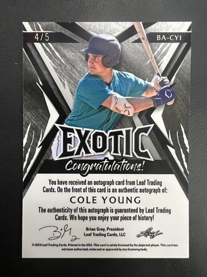2023 Leaf Metal Exotic Cole Young Mojo Chameleon #/5 Auto CY1 Seattle Mariners J