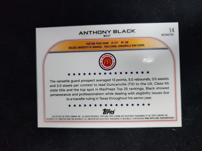 ANTHONY BLACK 2022 TOPPS CHROME McDONALD' S ALL-AMERICAN REFRACTOR RC SP #14