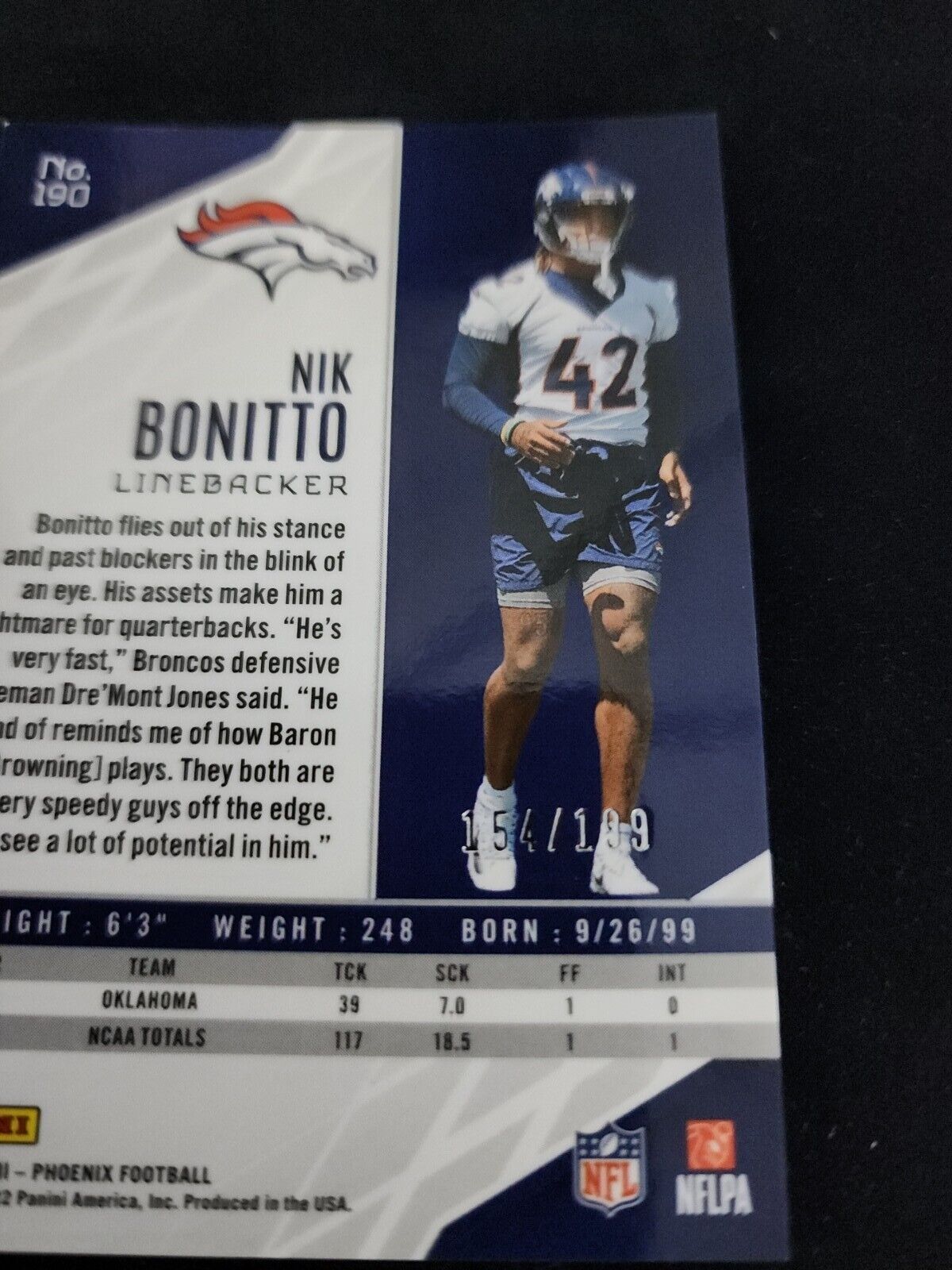 2022 Phoenix Football Pink #190 Nik Bonitto Rc Broncos /199
