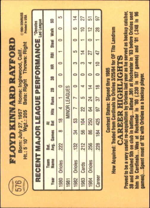1985 Donruss #576 Floyd Rayford - NM