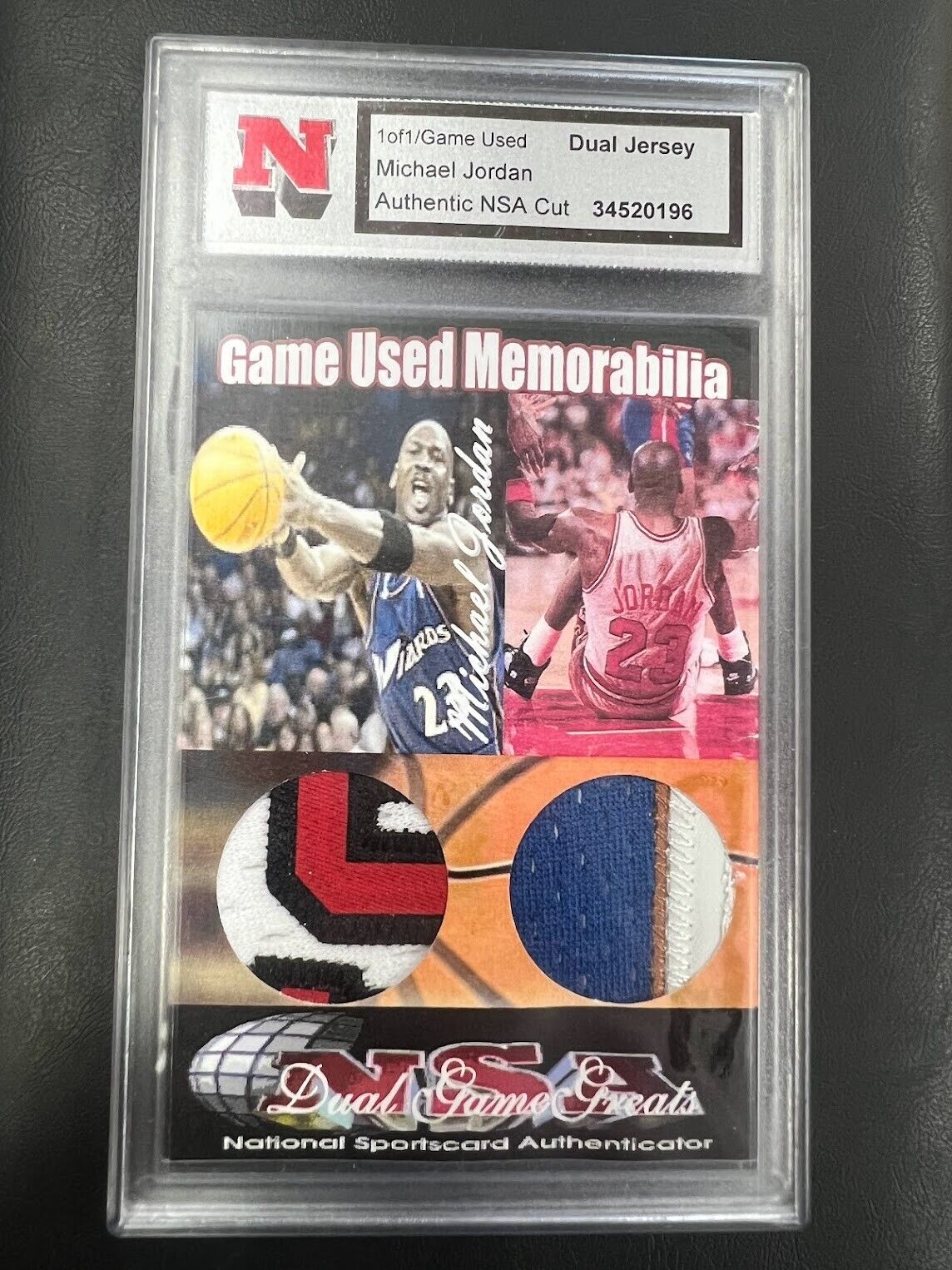 Michael Jordan Dual Jersey Card Game Used 1/1 NSA 3 Color Patches J