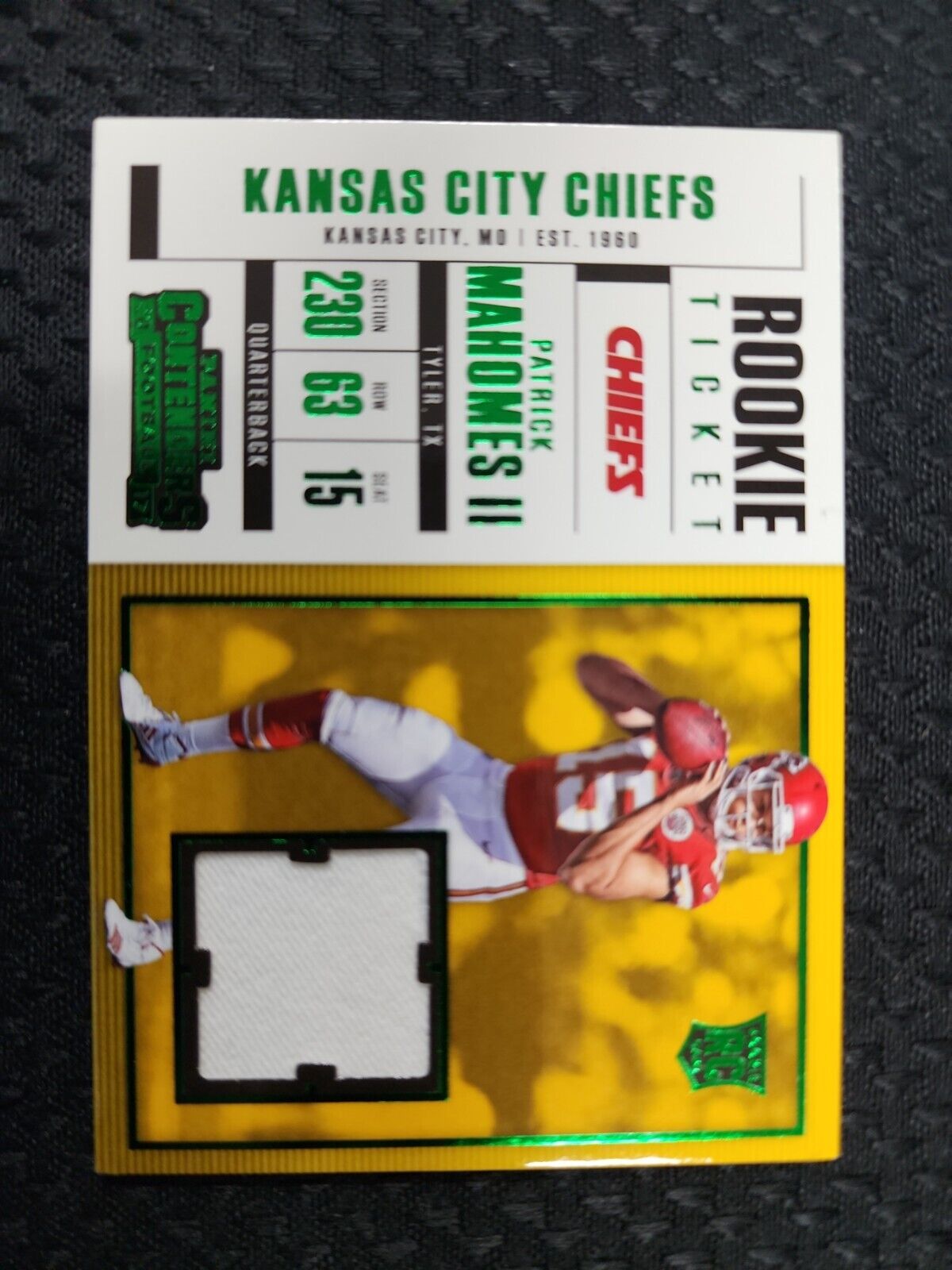 PATRICK MAHOMES II 2017 Contenders Rookie Ticket GREEN FOIL SWSWATCH RC #SW-3