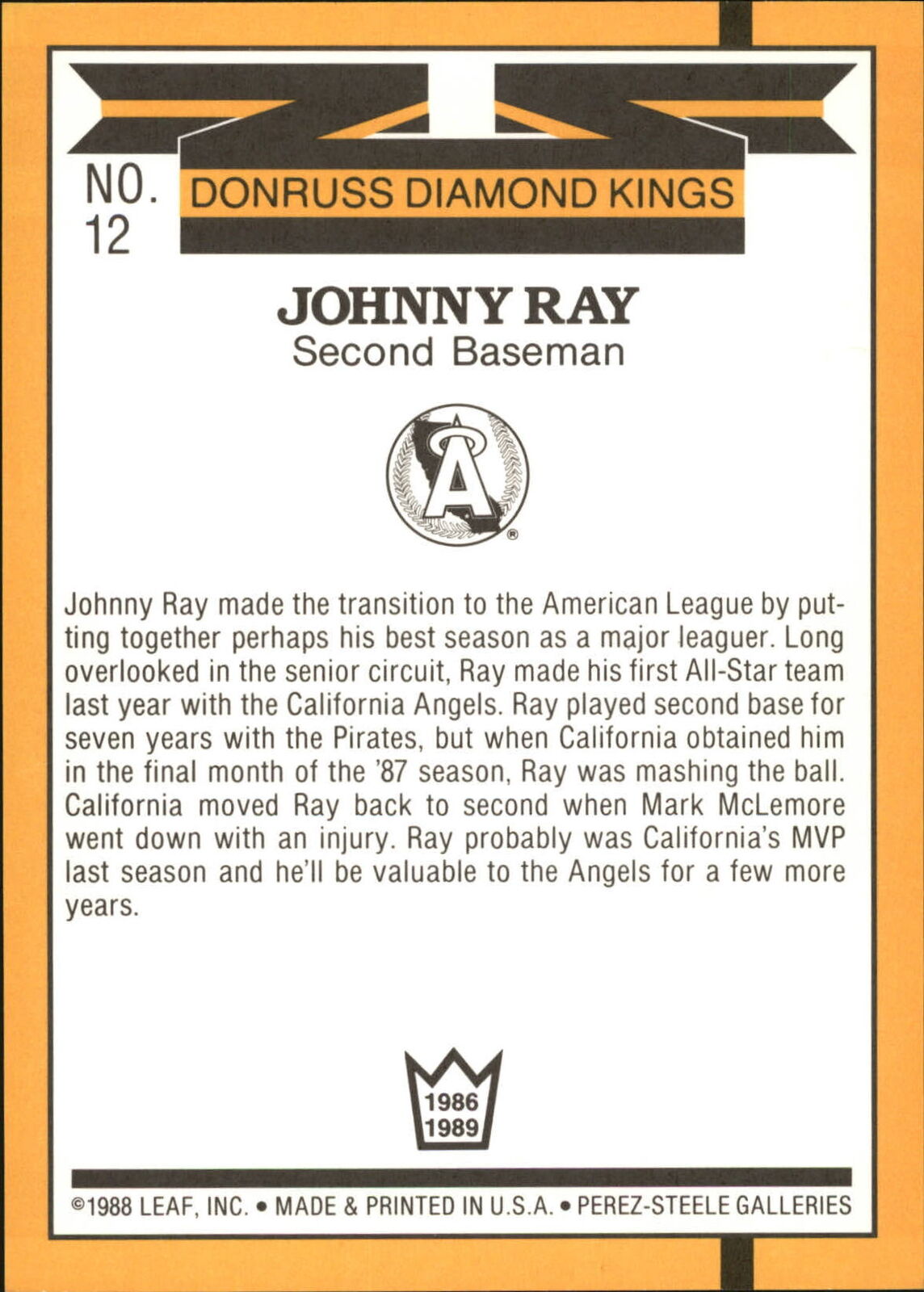 1989 Donruss Super DK's #12 Johnny Ray - NM