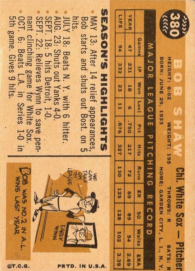 1960 Topps #380 Bob Shaw - Ex+