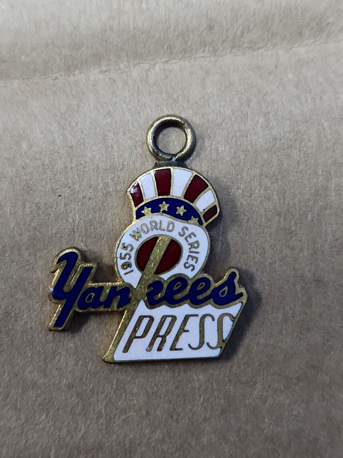 1955 New York Yankees Press Pin. Made Into a Charm Brooklyn's Only Championship