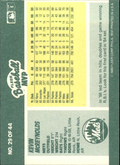 1989 Fleer Baseball MVP's #29 Kevin McReynolds - NrMt+