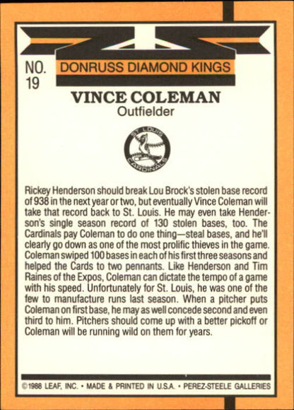 1989 Donruss #19 Vince Coleman DK DP - NM