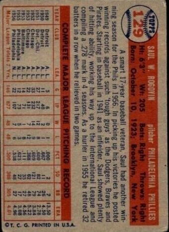 1957 Topps #129 Saul Rogovin - NM