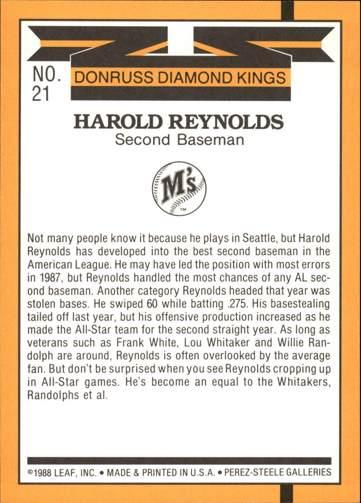 1989 Donruss Super DK's #21 Harold Reynolds - NM