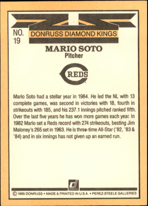 1985 Donruss #19 Mario Soto DK - NM