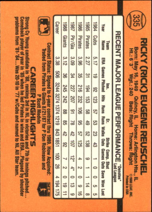 1989 Donruss #335 Rick Reuschel UER For Don Robinson& should be Jeff - NM