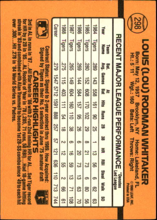 1989 Donruss #298 Lou Whitaker - NM
