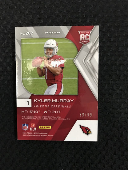 Kyler Murray 2019 Panini Spectra Silver Prizm Auto #/99 Jersey 3-Color Patch RC